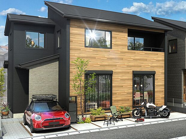 【完成予想図(外観)】柔らかな木目のアクセントに、ニュアンスを加えたブラックストーンの外観デザイン。（街並完成予想図）