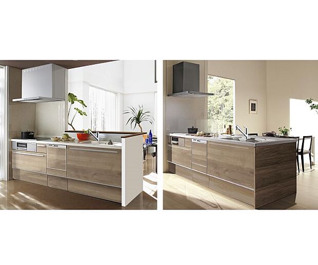 【【クリナップ】システムキッチン】家族でのコミュニケーションがとれる対面型システムキッチン。横一列にシンクとコンロをまとめたシンプルな形です。動きやすさとスタイリッシュなデザインが魅力。