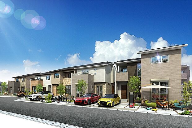 【完成予想図(外観)】気品が漂い、心の落ち着くアースカラーを基調に各邸が緩やかなグラデーションを描きながら繋がっていく絶妙なカラーデザインが印象的な街並み。（PLAN1～5｜街並完成予想図）