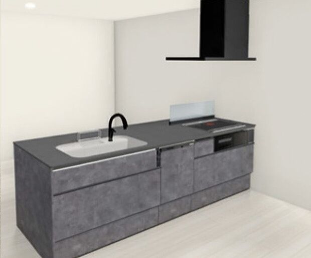 【システムキッチン】家族でのコミュニケーションがとれる対面型システムキッチンです。横一列にシンクとコンロをまとめたシンプルな形です。使いやすさと洗練されたスタイリッシュなデザインが魅力です。※号地により異なります