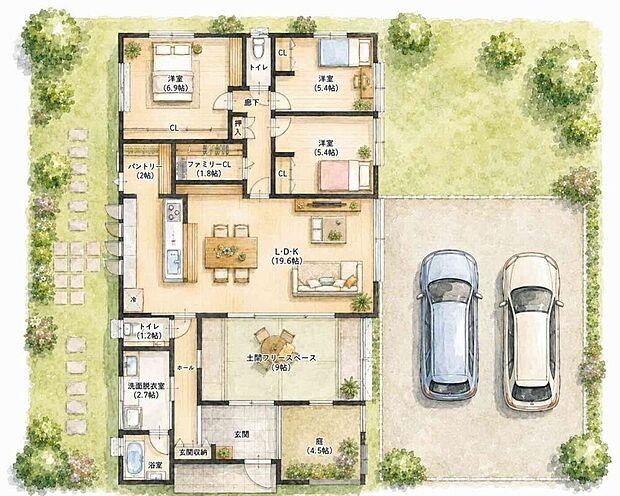 【参考間取り モデルプラン [ 平屋プラン ]】～人気の平屋をゆったり建てる～　　　　　　　自由設計ですので、ご希望にあわせてプランニングいたします