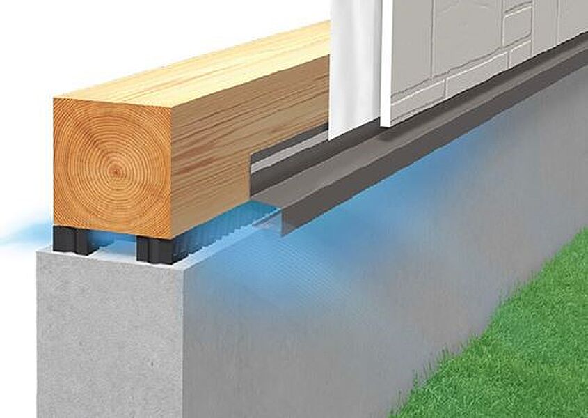基礎パッキン　基礎と土台の間に基礎パッキンを入れることにより分離させ、土台からの湿気を基礎へ浸透するのを防ぎます。また、床下換気が可能です。 (1)