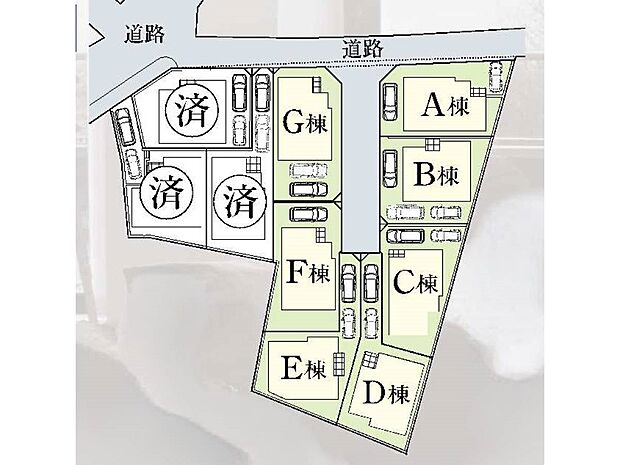 全7棟の分譲地。統一感のある整然とした街並みが誕生します。同時期に入居はご近所付き合いも入りやすく、安心ですね。