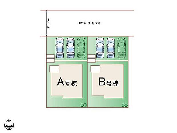A号棟、B号棟のご案内です♪広々とした前面道路で、運転が苦手な方も安心。ゆとりの駐車スペースが、家族の毎日をもっと快適に、もっと便利にしてくれます。