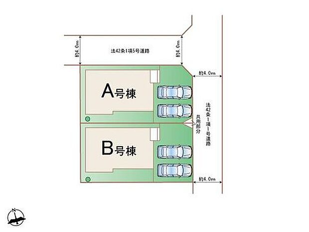 【全体区画図】A号棟、B号棟のご案内です♪前面道路約4mで交通量も抑えられ、静かでゆったりとした暮らしが叶います。