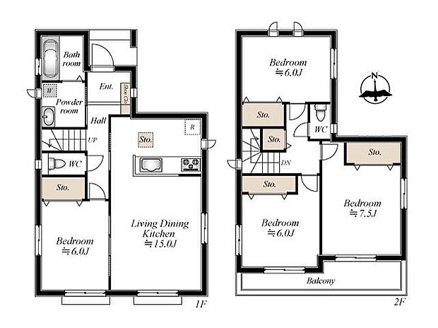 【4LDK】ゆとりある4LDKの間取り。家族が集まる15畳のLDKに加え、全居室6畳以上の広さを確保した、プライベートな時間も大切にできる住設計です。