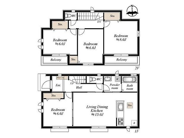 【4LDK】ゆとりある4LDKの間取り。家族が集まる15畳のLDKに加え、全居室6畳以上の広さを確保した、プライベートな時間も大切にできる住設計です。