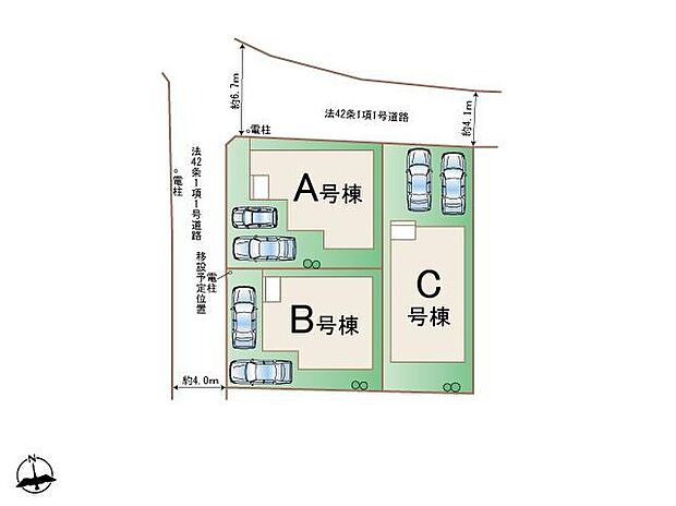 【全体区画図】A・B・C号棟のご案内です♪
開放感あふれる角地街区。光と風が通り抜ける、心地よい住まい。