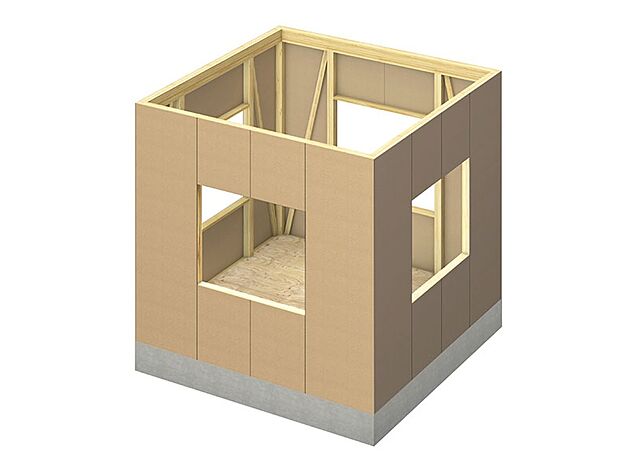 【-】筋交をバランスよく配置し、接合性能と強度の高い構造用耐力面材を土台や柱、梁へ直接張ることにより、地震や暴風に対する強度がアップする「耐力面材」。外部の力を建物全体へ分散させ、高い耐震性を確保します。