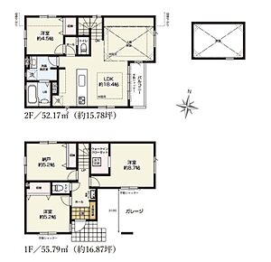 建物面積に車庫部分約7.7m2、ポーチ・通路部分約4.7m2を含む 