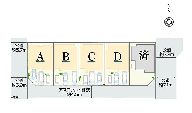 【全体区画図】
全棟南向きの日当たり良好な住まい！全5棟「5LDK」新築戸建です。車は並列3台駐車可能です。