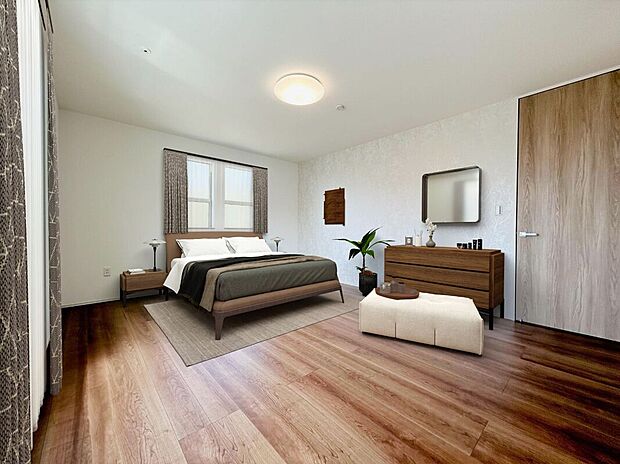 【主寝室】一日の疲れを癒すくつろぎの10帖主寝室。寝るだけでなく、趣味の空間も作れます。また、南側で大きな窓から朝日が差し込み、気持ちよく目覚めることができます。