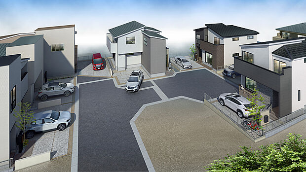 【外観完成予想図イメージパース】
全12邸の街並み。街区内道路は幅6ｍ以上で車のすれ違いや駐車も安心です。
