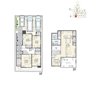 4LDK+多目的ルーム+Wウォークインクローゼット+玄関収納+リビング収納+パントリー
駐車3台可
※延床面積にポーチ面積(3.08m2)およびバルコニー面積(7.97m2)含む

全居室フローリング仕様の住まい！ 
