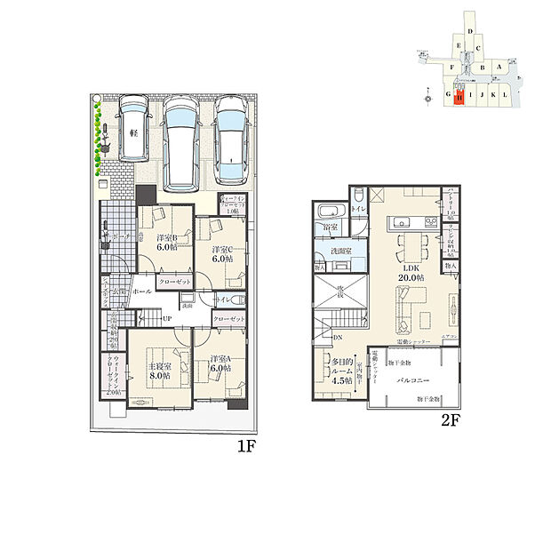 【4LDK】4LDK+多目的ルーム+Wウォークインクローゼット+玄関収納+リビング収納+パントリー
駐車3台可
※延床面積にポーチ面積(3.08m2)およびバルコニー面積(7.97m2)含む

全居室フローリング仕様の住まい！