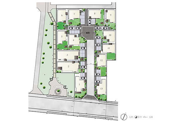 【広場のような開放感、歩きたくなる街づくり】
街の顔となる開発道路は幅員6mを確保。四季折々の植栽や自然素材のエクステリアを開発道路沿いに配し、目で見て歩いて楽しめるウォーカブルな街を計画しました。