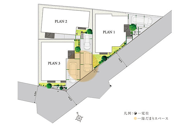 【採光や通風に恵まれた全3邸】
3邸にバランスよく陽当たりを確保した建物配置。アプローチ部分を抱き合わせにすることで、陽だまりスペースが生まれ、心地よい暮らしを演出します。