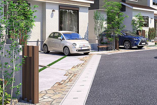 【【カースペース】】2台駐車可能な広々とした駐車スペース。セカンドカーや来客時も安心で、車がないときは視界が広がり開放感を創出します。※2台目車種制限あり。