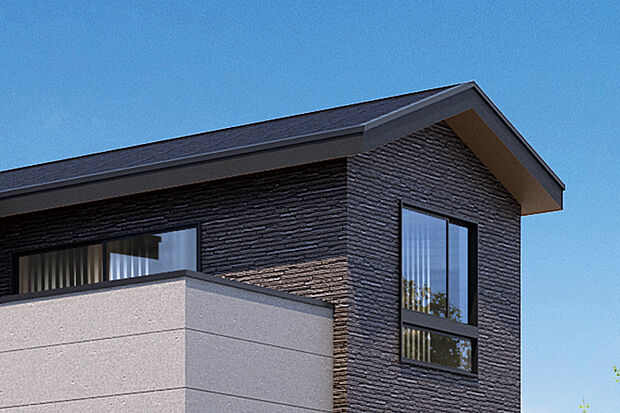 【【軒を出した屋根デザイン】】深く軒を出すことで陰影が生まれ、建物全体の奥行きと美しいスカイラインを表現します。街並みに落ち着きと重厚感を与える意匠です。