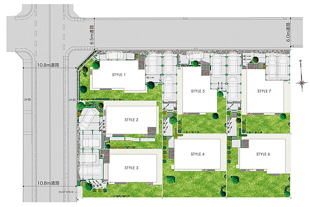 【【開放感と広がりに恵まれた街】】ゆとりある前面道路に面し、カースペースを抱き合わせで配置することでアプローチに開放感を創出。南庭には爽やかな陽光が降り注ぎ、明るさを堪能できる配棟計画となっています。
