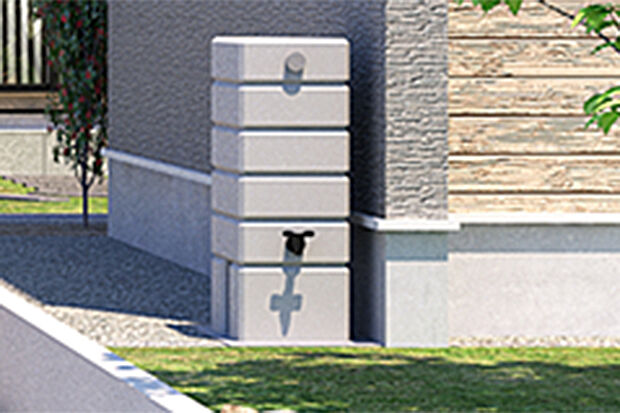 【【雨水タンク】】雨水を溜めておき、家庭菜園の水やりなどに再利用できるタンク。晴れて暑い日でも雨水を庭にまけば、水道水を節約しながら空気をひんやりさせることができます。