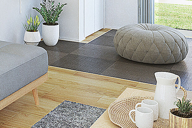 【【フラットテキスタイル】】リビングの一角に設けた、手触りの良いテキスタイルフロア。フラットに繋がるので、お子様も安心して遊んだり寝転んだりできます。※号棟により採用状況が異なります。