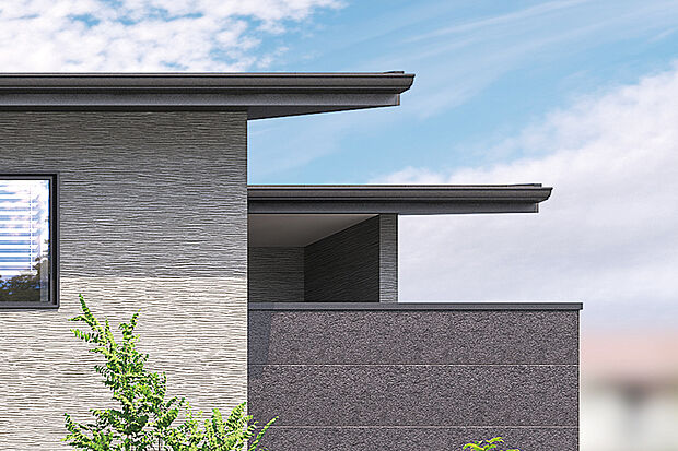 【【深い軒を出した屋根】】軒を深く出すことで水平ラインが強調され、建物全体に品格と重厚感を演出。また、夏は軒が日陰をつくり室内へ注ぎ込む陽光を遮り、冬は陽光を室内に採り込みます。