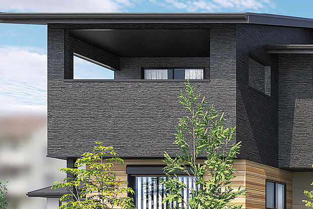 【【立体感のあるフォルム】】箱を組み合わせたような凹凸のある外観フォルムが陰影を生み出し、奥行きのある表情を演出しました。