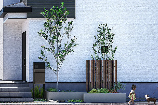 【【緑の潤いをもたらす植栽計画】】シンボルツリーを中心に、四季折々に彩る植栽を選定しました。年月と共に家族が成長する中で、木々も一緒に成長する楽しみがあります。※号棟により採用状況が異なります。