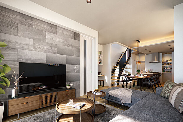 【【プラン:WIDE LIVING】】家族みんながのびのび過ごせるのが魅力のワイドリビング。大きいソファやテーブルを配置しても充分な広さが保てるので開放的な暮らしを愉しむことができます。(4号棟に採用)
