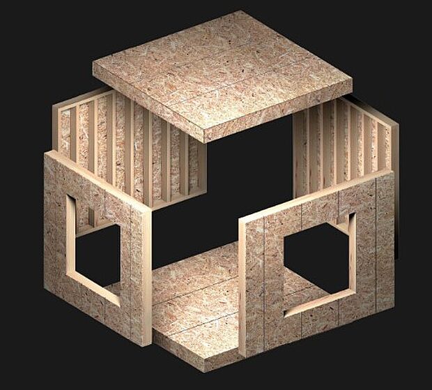 【モノコック構造】ツーバイフォー工法は、204材等を中心に枠組みし、構造用合板等を貼り付け「パネル」化した「面」で構成され、床・壁・天井(屋根)が一体となった6面体のモノコック構造です。地震などの外力を建物全体で受け止め、効率よく力を分散させます。外力が一部に集中しないため、建物の倒壊や巨大な損傷を受けることがなく、地震などに対して抜群の強さを発揮します。