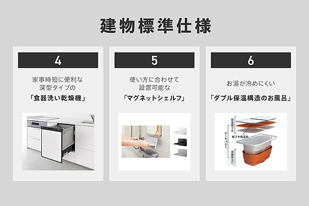 【 建物標準仕様】・食器洗い乾燥機
・浴室の使い勝手を高める収納棚
・保温性能の高いお風呂