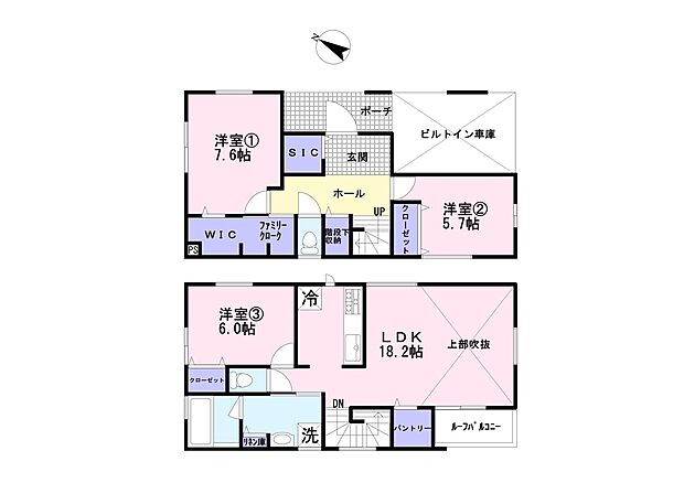 1階に主寝室と大型WIC+ファミリークロークを備え、2階には18.2帖の広々LDKを配置した快適な動線設計です。