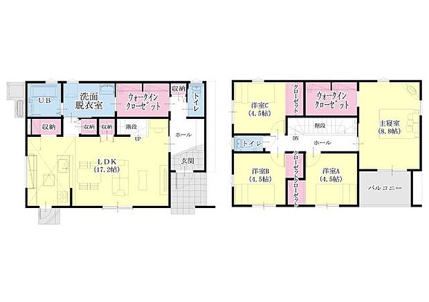 広い洗面脱衣室が魅力の4SLDK、パントリーや1階の家族共有のウォークインクローゼットが魅力。ラウンドシステムを採用した間取りで快適な家事動線を確保しております。