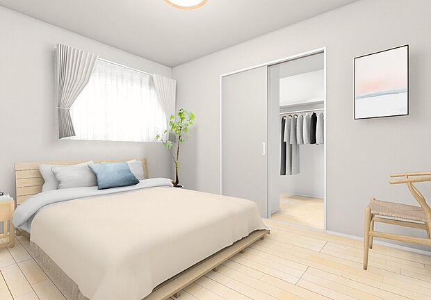 ◆9号地／主寝室完成予想パース◆
ファミリークローゼットと繋がる主寝室。
明るいメープルのフローリングに石やタイル等のオーガニックカラーを採用した、ナチュラルな空間。淡いコントラストで、優しい印象に。