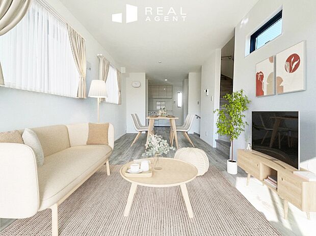 【C号棟リビングルーム】ホワイトを基調としたリビングは陽が入るリビングをより一層明るい印象にしてくれます。※配置している家具はCGによるイメージです。