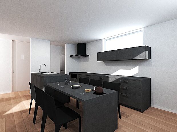 【完成予想図(内観)】アイランドキッチンは、「GRAFTEKT」を採用。機能面はもちろん、洗練されたデザインで、日々の暮らしを豊かな気分にさせてくれます。