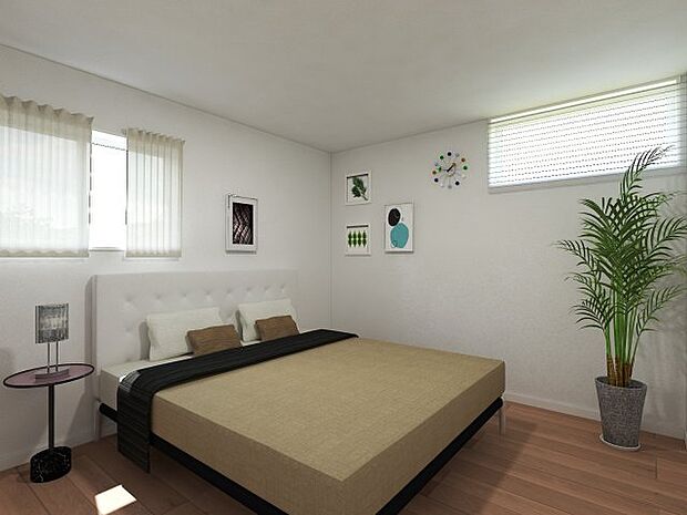 【完成予想図(内観)】ハイサイドライト(高窓)を配置することにより、プライバシーを確保しながら自然光に包まれる、心地よさと安心感のある寝室です。