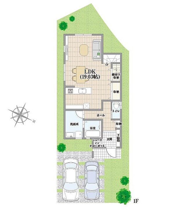 【２号地参考イメージプラン（1F）】シューズインクローゼットなど収納が充実。玄関から洗面室、浴室にすぐ行くことができます。キッチンから洗面室への動線確保で、毎日のちょっとしたストレス軽減！キッチンは調理中の手元を隠しながらも家族の気配を感じられます。