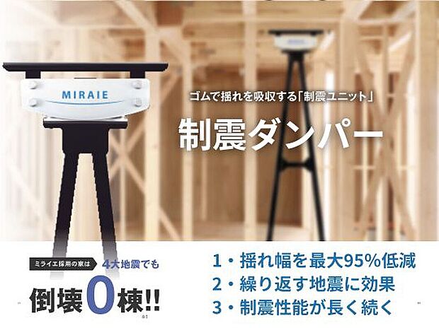 【【制震ダンパーミライエ】】揺れを最大95%吸収・低減できる制震ダンパー「MIRAIE(ミライエ)」を全棟標準採用することで、繰り返し起きる揺れにも負けない丈夫な住まいを実現します。