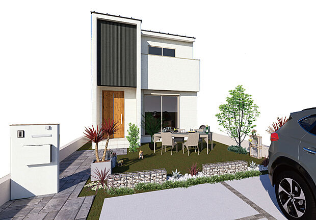 【参考プラン外観CG/1号地】敷地南側にプライベートガーデンを。LDK・土間・南庭が隣接した、外への広がりを持たせた間取りです。BBQやガーデニング、プール遊びなど、おうち時間の楽しみが広がります。