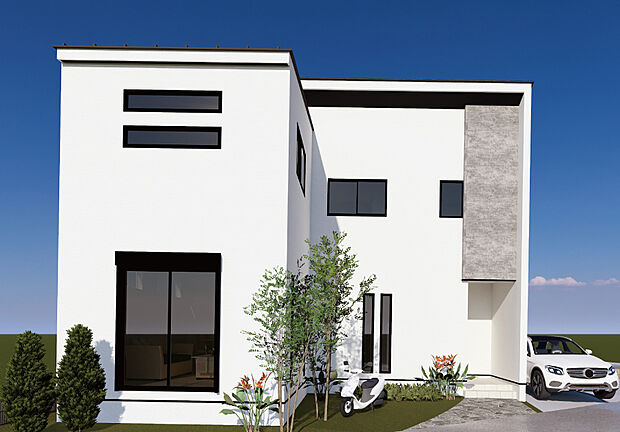 【外観CG/3号地参考プラン】南東側が道路に面した3号地!3面採光の明るいLDKが魅力のプランです。庭スペースでは、ガーデニングや家庭菜園、BBQなど、アウトドアの楽しみも広がります。