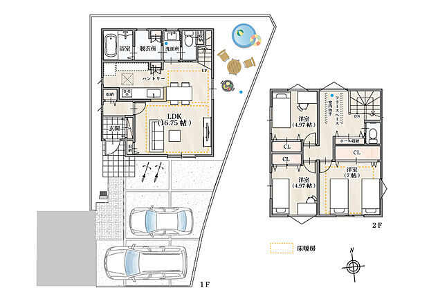 【間取図/2号地モデルハウス】約16.75帖LDKや主寝室が南向き!ダイニングと横並びのキッチンは背面にパントリーを備えた対面式。水回りを集約し、リビングアクセス階段からフリースペースへの動線も◎