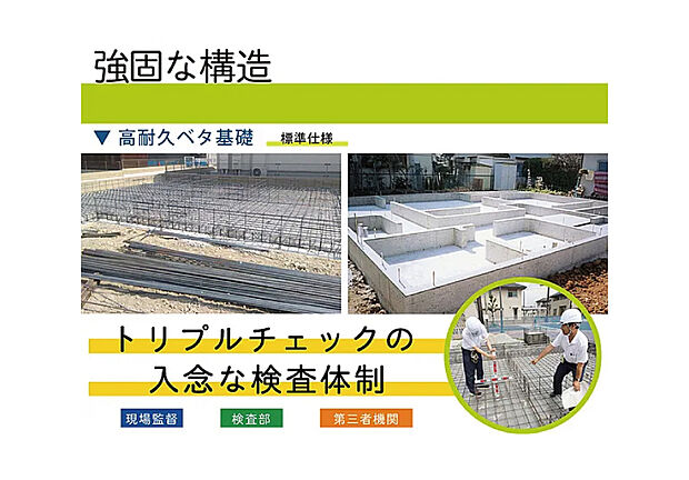 【【強固な地盤+ベタ基礎で、高い基礎耐力】】より大きな耐震性を確保するためにスウェーデン式サウンディング法による地盤調査を行い、必要に応じて、強固な地盤に改良。その上で、軟化地盤等に使用されるベタ基礎工法を採用し、強い基礎耐力を確保しています。