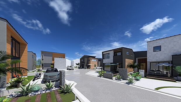 【街並完成予想図】全15区画の整った街並み。全邸にLED庭園灯を標準装備し、帰宅時、あたたかな光が住まいを包みます。家族それぞれの暮らしに寄り添う、穏やかで心地よい住環境です。※街並み予想CGのため実際とは異なります。