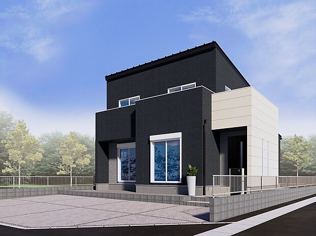 【2号棟　建物外観イメージパース】幅広い世代に愛される、洗練されたシンプルな外観デザイン！シックな色合いで張り分けられた外壁に、植栽の緑も映える魅力的な一邸です！