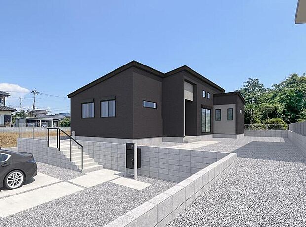 【2号棟　外観完成イメージ】シンプルで洗練された外観デザイン！前面道路より高い位置にあり、大雨の時も安心です！外階段には外灯があり暗い時間のご帰宅時も明るく照らしてくれます。