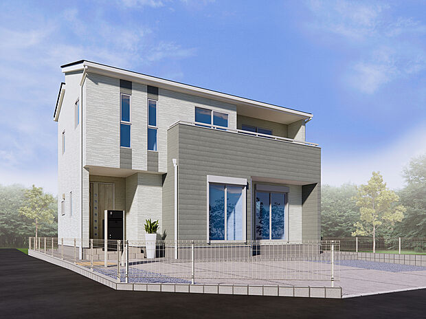 【７号棟　外観パース】（※建物完成イメージ画像）外壁材に石綿（アスベスト）は一切使用されていません。住む人にも建築現場の人にも環境にもやさしい外壁材です。