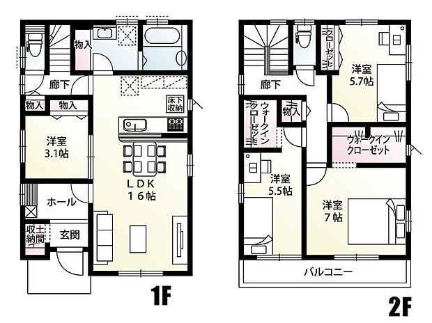 【1号棟 間取り】
4LDK 和室なし 玄関には土間収納 寝室にはWIC付