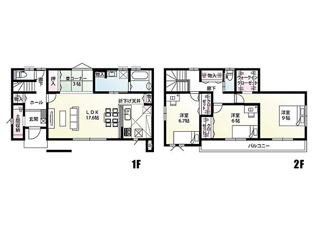 【1号棟:間取図】17.6帖の開放的なLDKのまわりに、畳コーナーや水回りを配置。家事がスムーズに進む、使い心地の良い間取りです。